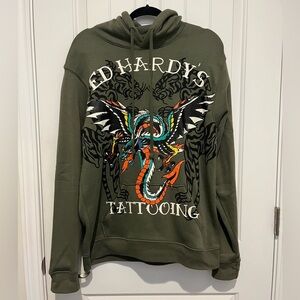 Ed Hardy Olive Dragon Graphic Hoodie